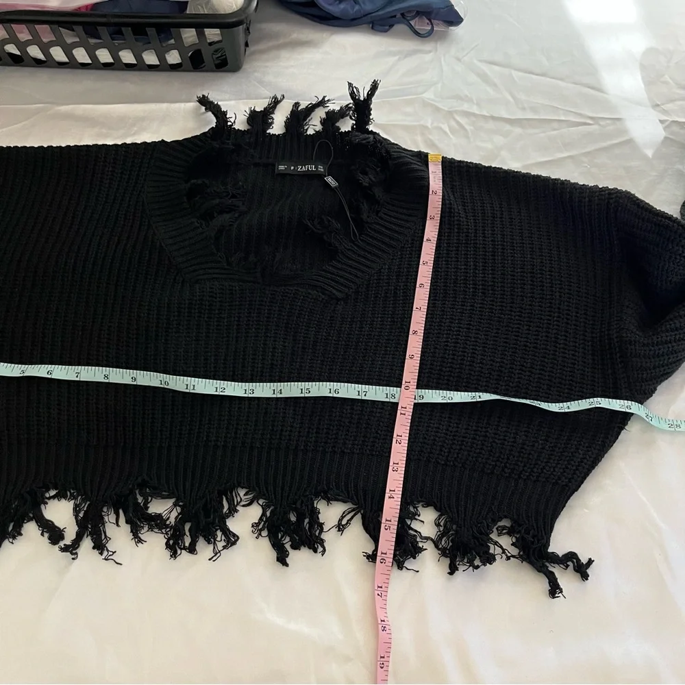 Black Frayed Knit Sweater Off Shoulder - Picture 7 of 8